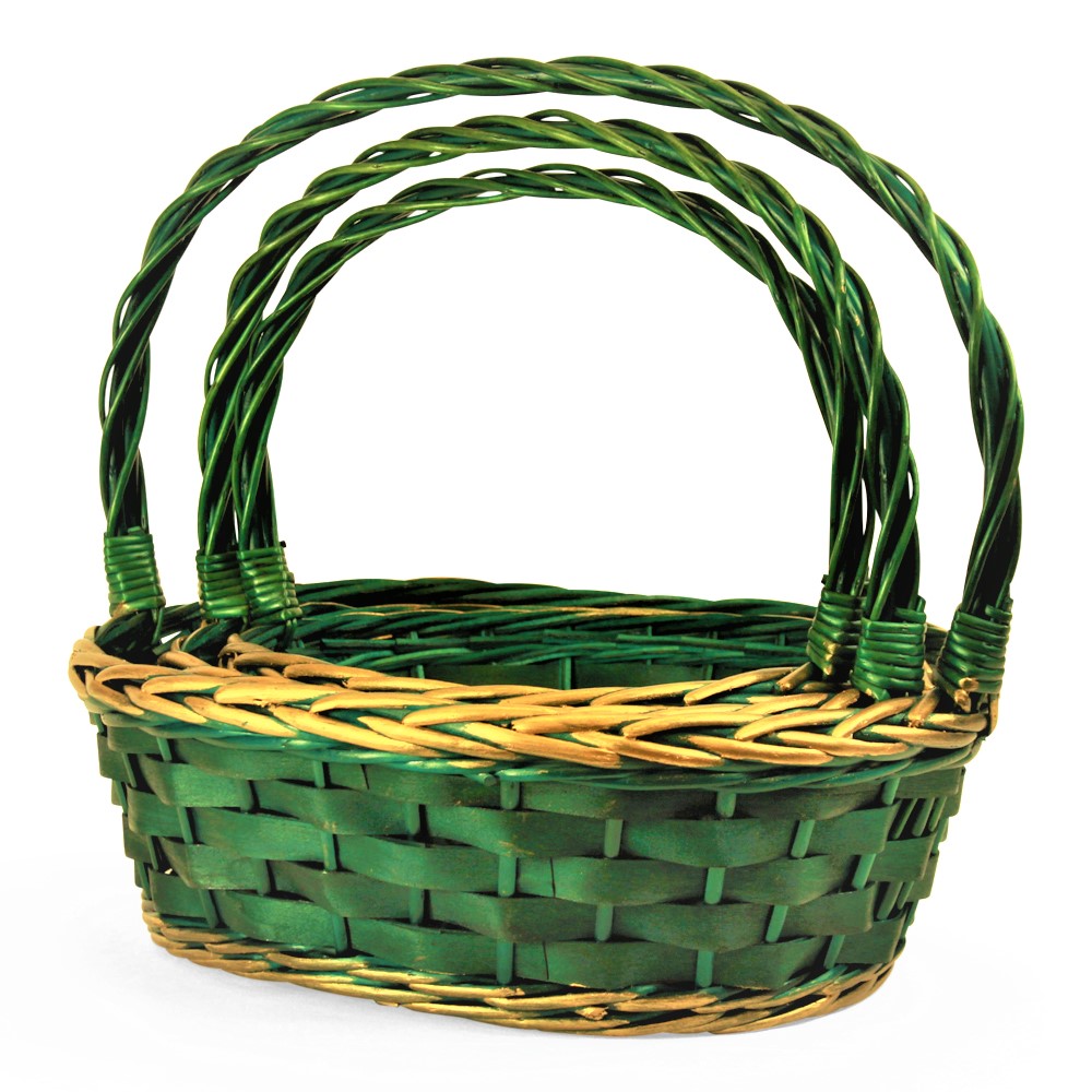 Oval Baskets with Handle - Green with Gold  Side Trim