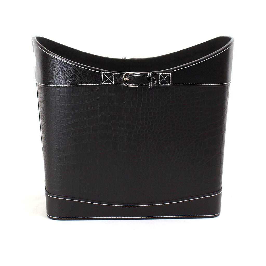 Oval Black Faux Leather Container with Buckle & Handles - 15" x 9" x 11"