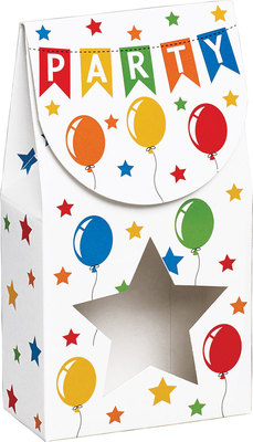 Petite boîte gourmet avec fenêtre - Bannière "Party"  3½" x 1¾" x 6½"