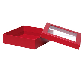Boîte gourmet rigide avec fenêtre rouge - Large  - 7¾'' x 7¾'' x 2 1/8''