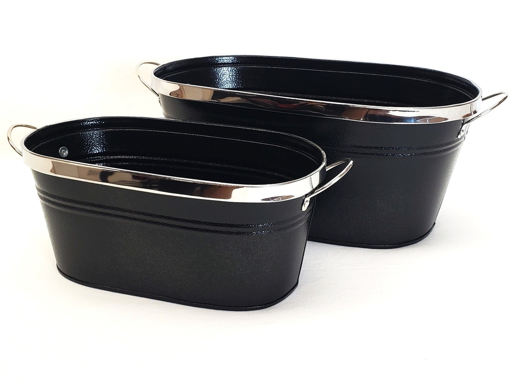 Oval Black Metal Containers with Silver Trim and Handles