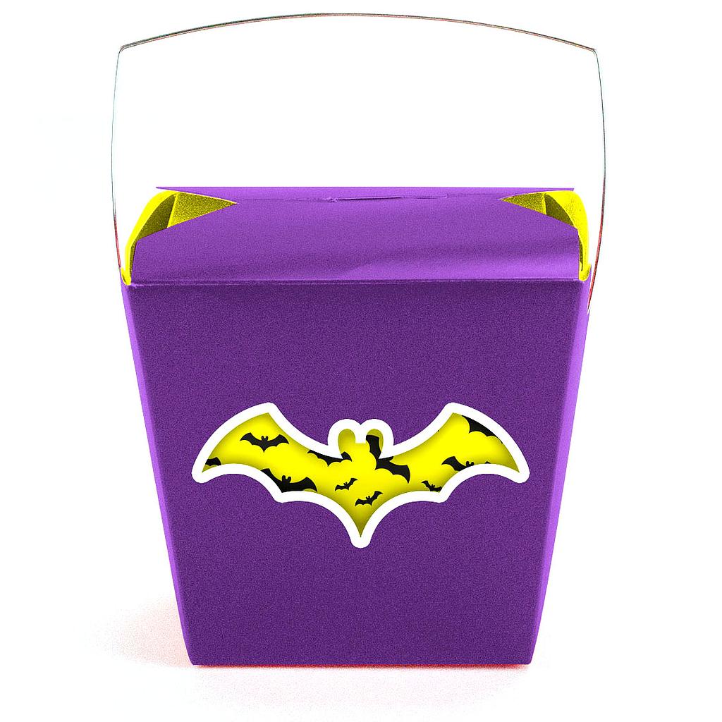 Grosse Boîte à Emporter de 2 pintes avec découpe - Chauve-souris violet et jaune (paquet de 25)