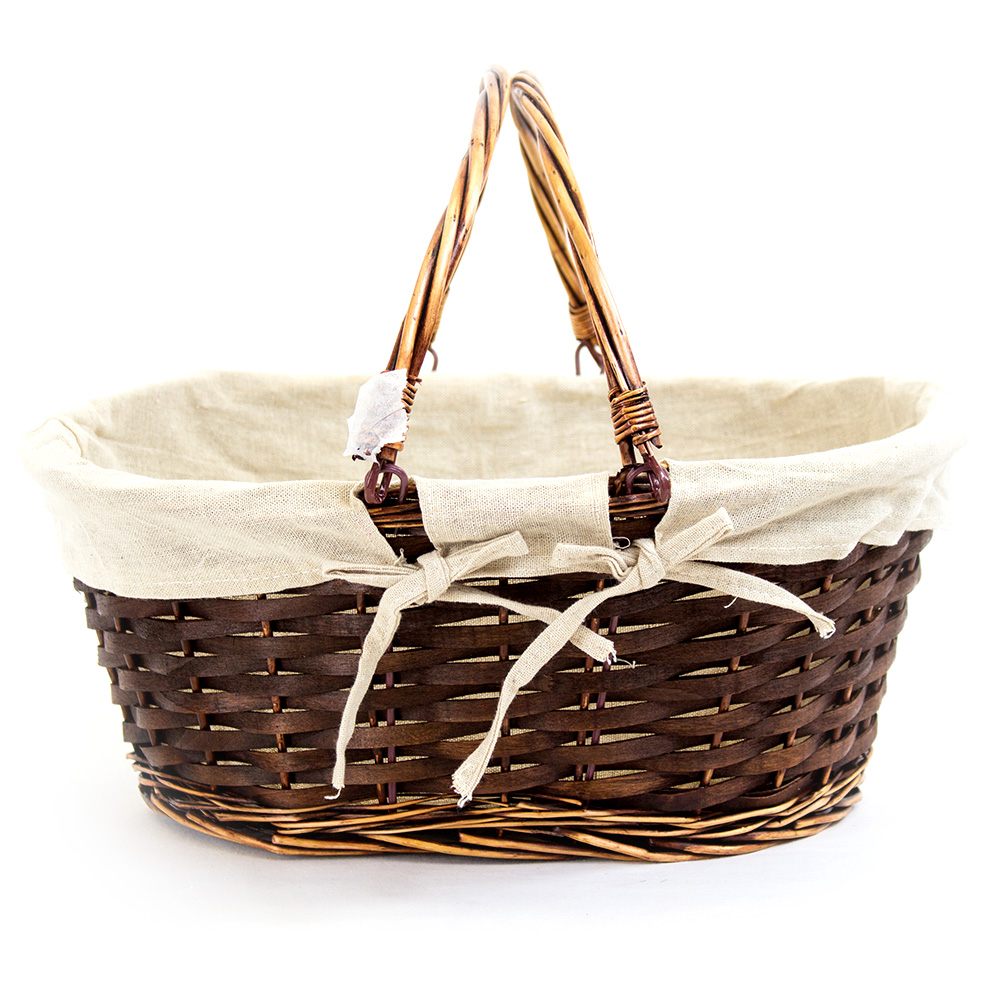 Oval Brown Willow Baskets with 2 Handles & Beige Liner