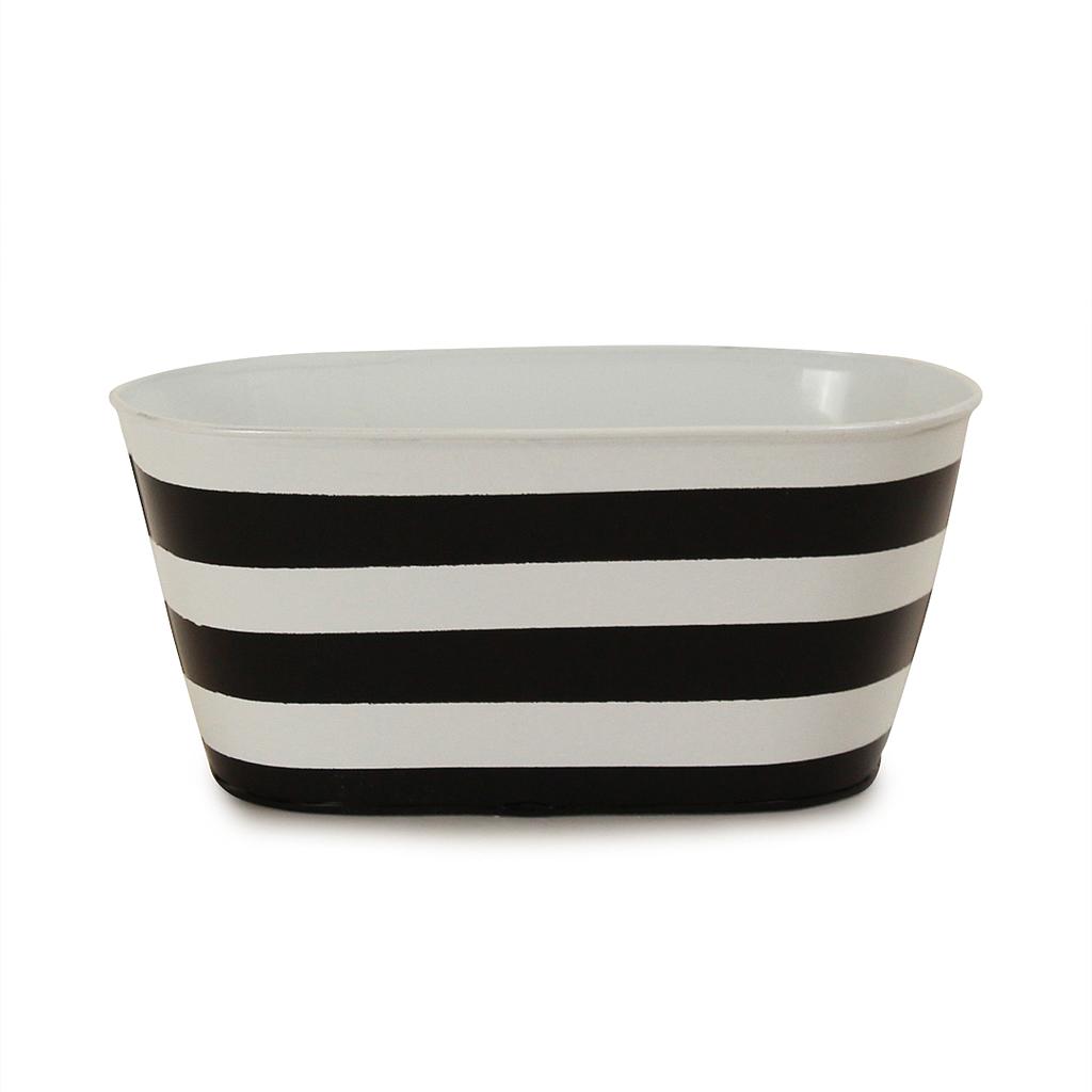 Oval Black & White Striped Metal Container   9¾" x 5" x 4¾"
