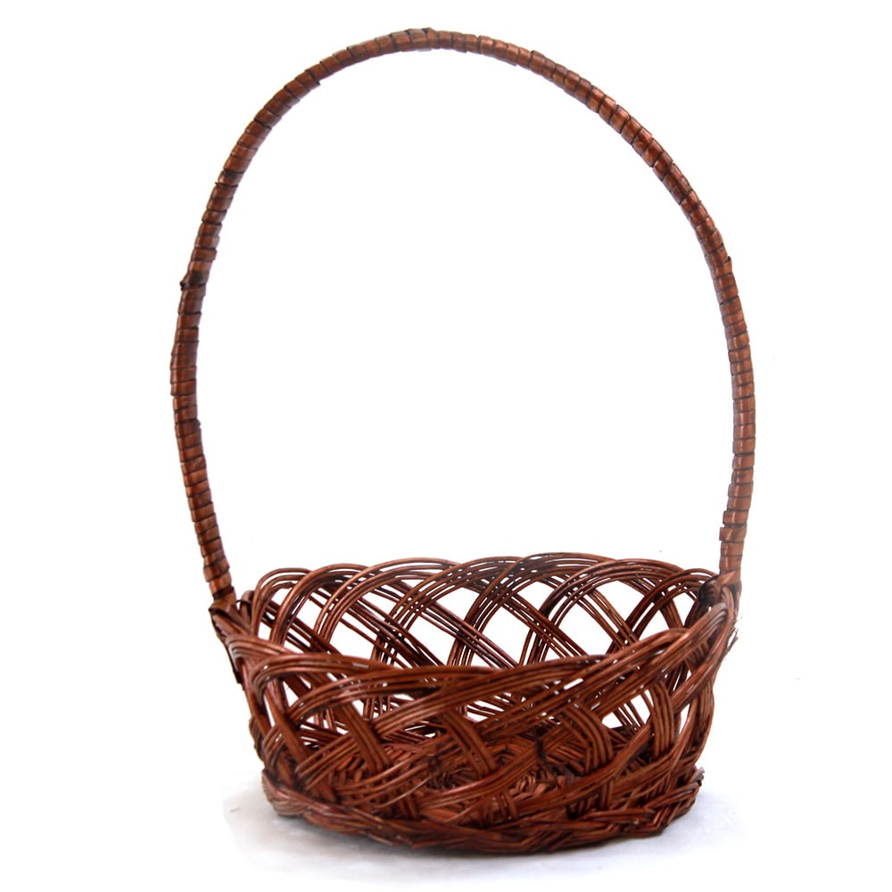 Panier rond en saule brun avec anse haute - 10" x 4"