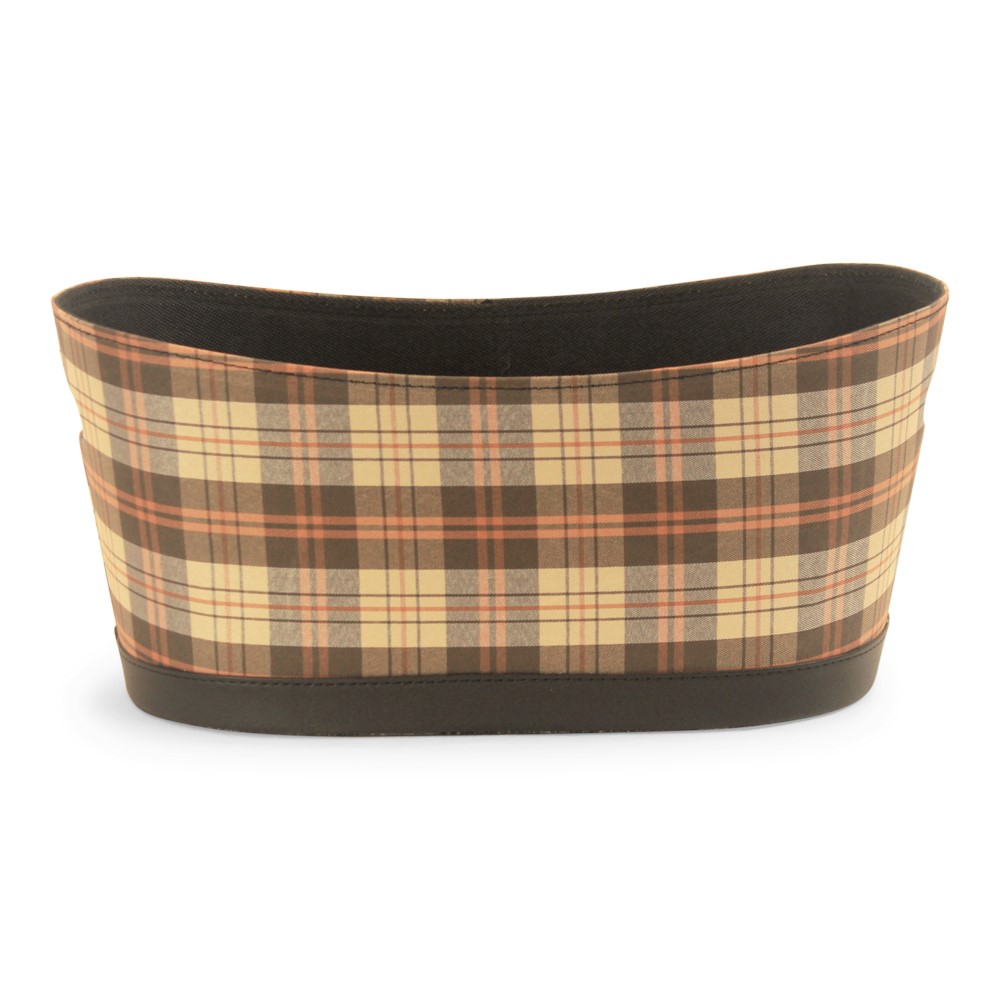 Oval Brown Plaid Fabric & Faux Leather Container with Handles - 15" x 8" x 7"