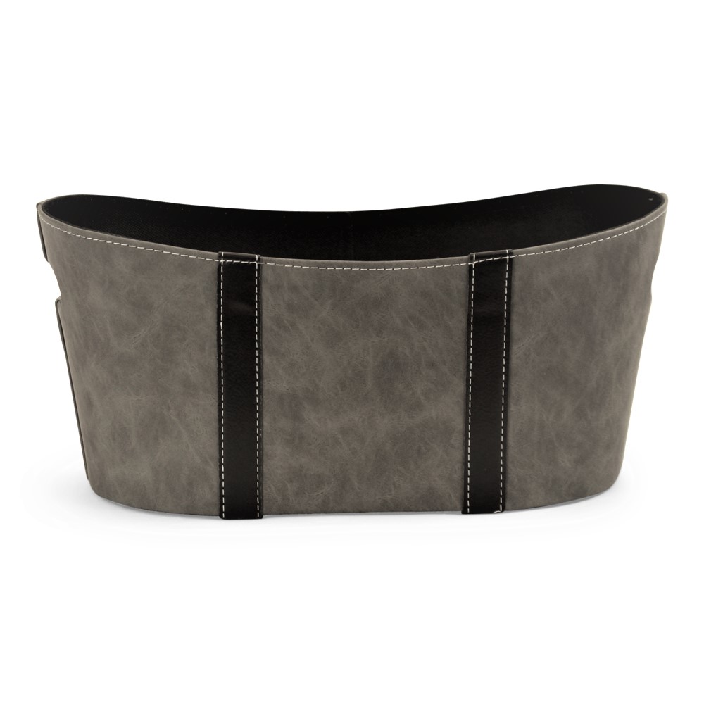 Oval Grey Faux Leather Container with Black Trim and Handles - 15" x 8" x 7"