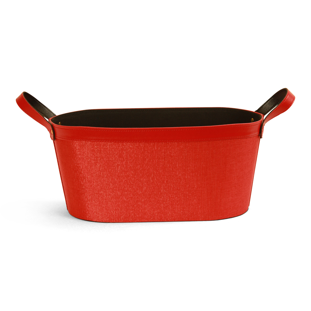 Oval Fabric & Faux Leather Container - Red with Handles 15" x 8" x 7"