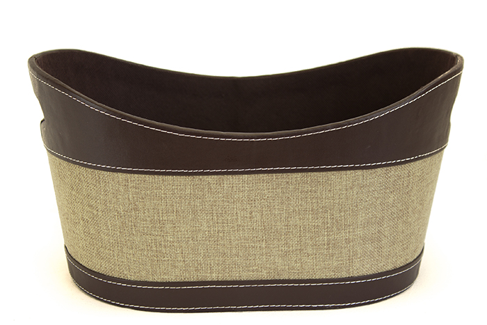 Oval Brown & Beige Fabric & Faux Leather Container with Handles - 14½" x 9" x 7½"