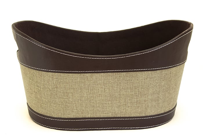 Oval Brown & Beige Fabric & Faux Leather Container with Handles - 14½" x 9" x 7½"