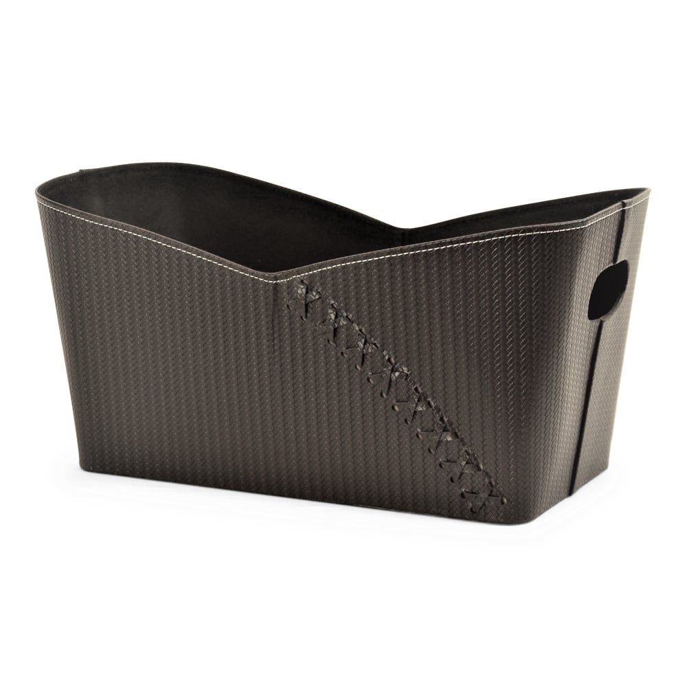 Rectangular Coffee Faux Leather Container with Cross Stitching and Handles - 15½" x 8½" x 8"