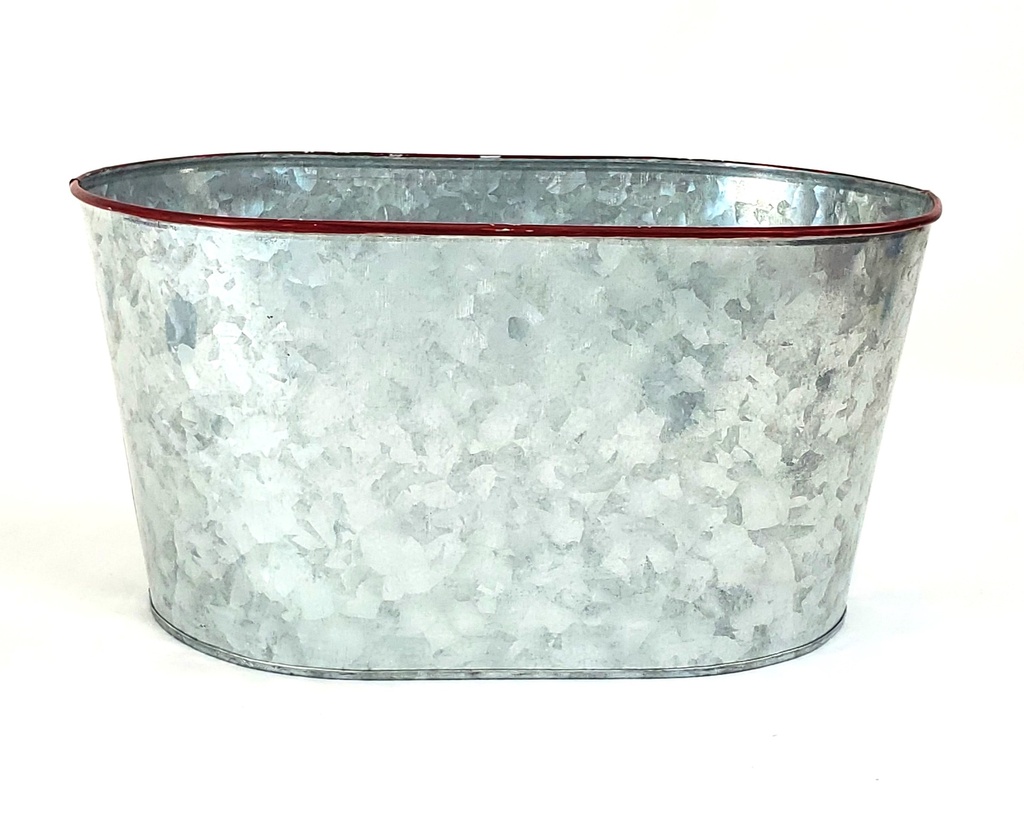 Contenant ovale en métal galvanisé avec bordure rouge 12" x 7½" x 6"