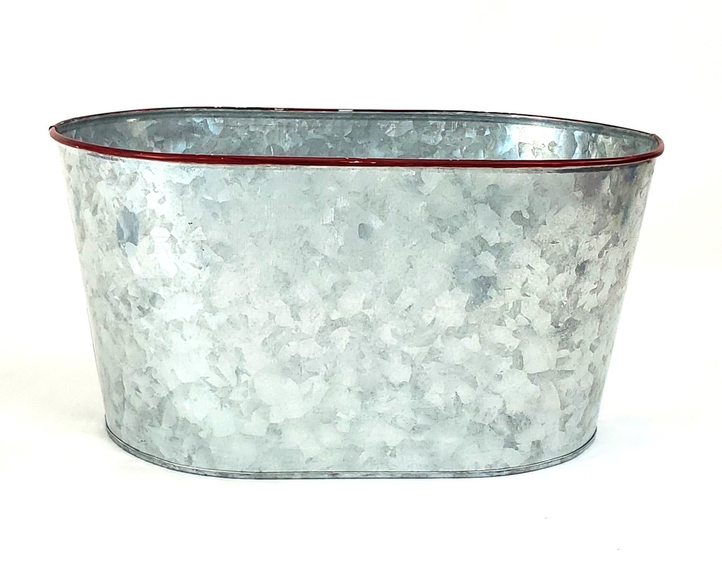 Oval Galvanized Metal Container with Red Trim  12" x 7½" x 6"