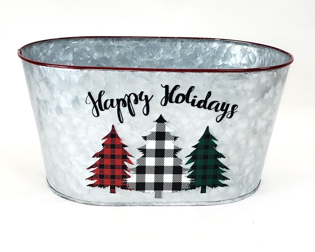 Contenant ovale en métal galvanisé avec bordure rouge "Happy Holidays"  12" x 7½" x 6"