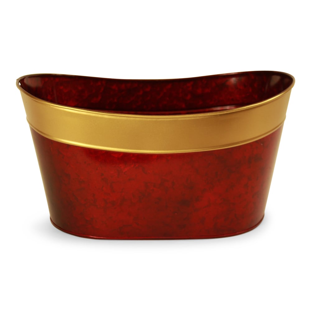 Contenant ovale en métal rouge et or  13" x 8¼" x 6¾"