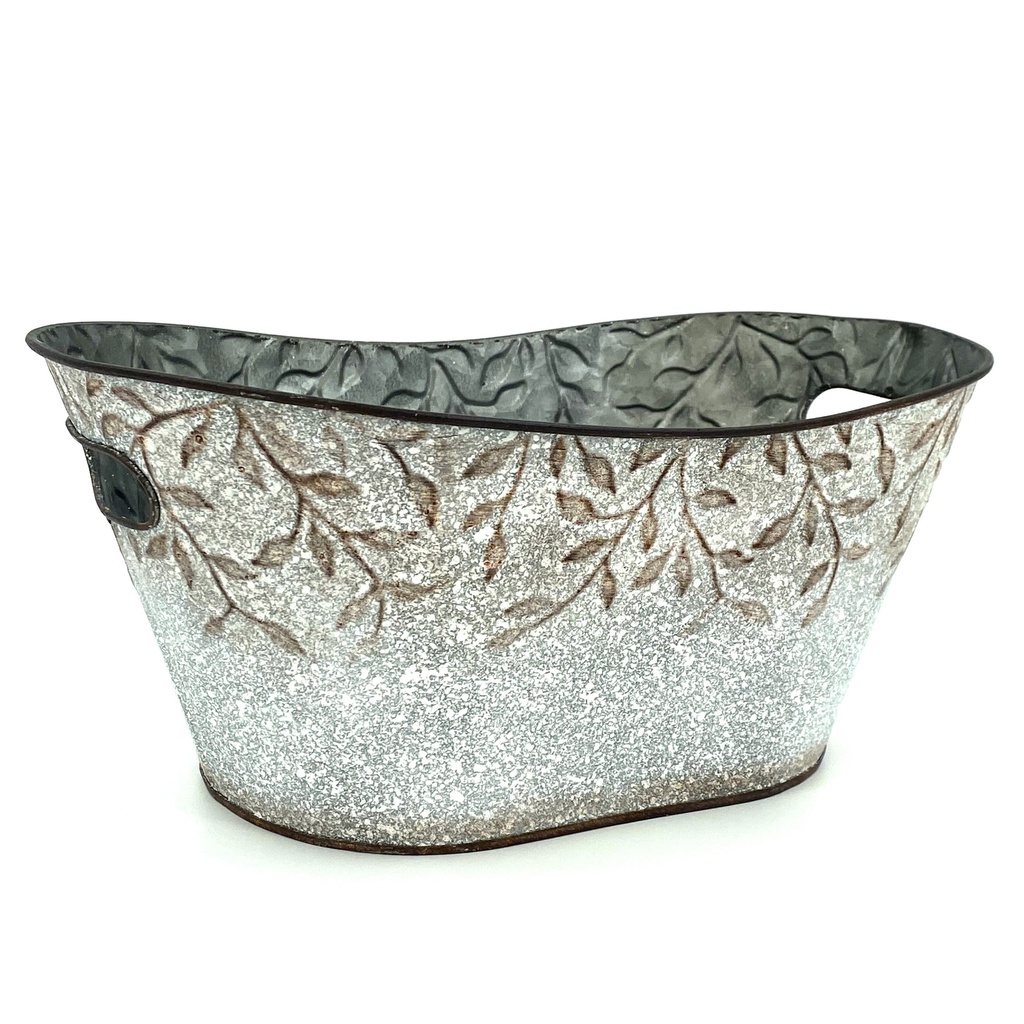 Oval Galvanized Metal Container with Vine Design & Handles  13" x 8" x 6"