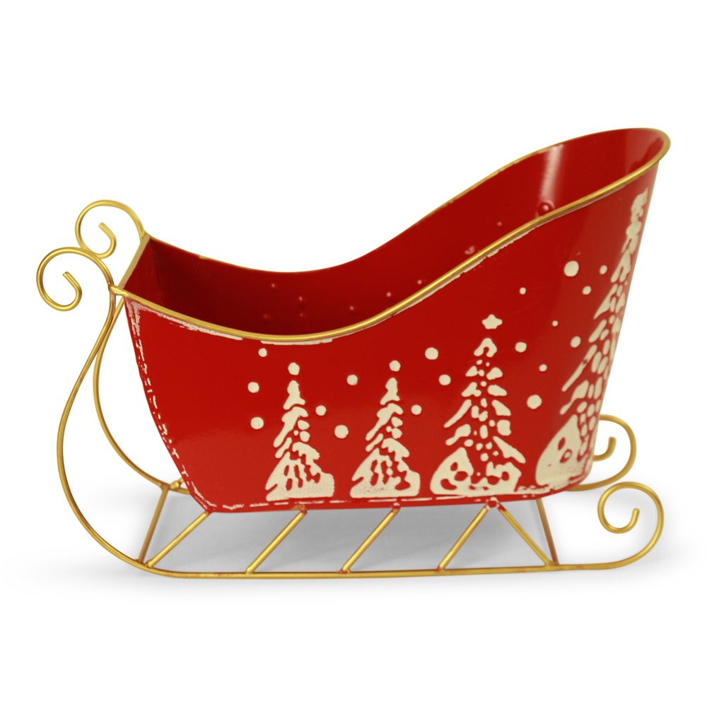 Red Metal Sleigh with White Christmas Trees  12¾'' x 6½'' x 8½"