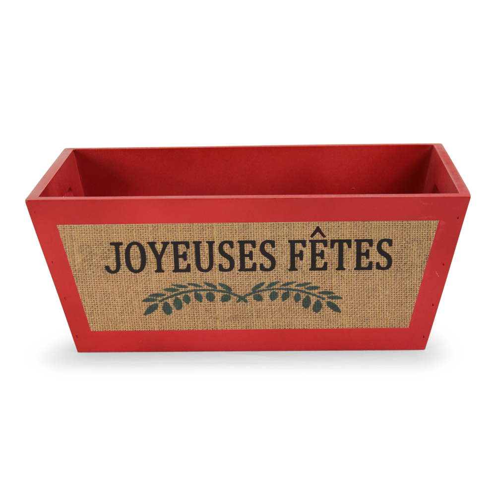 Rectangular Red Wood Container with Handles "Joyeuses Fêtes"  13¼" x 8¼" x 5¼"
