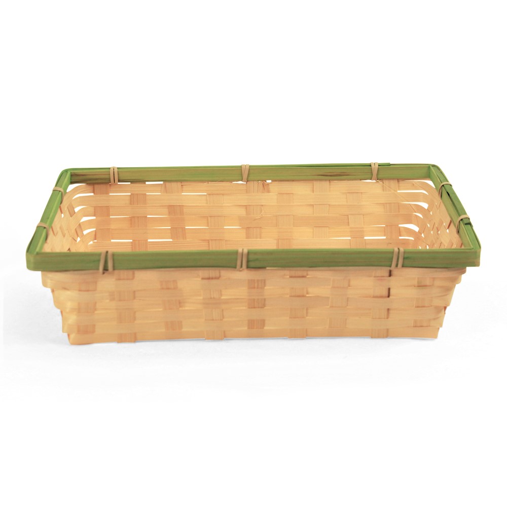 Rectangular Natural Bamboo Basket with Lime Green Trim - 12½" x 9½" x 3"