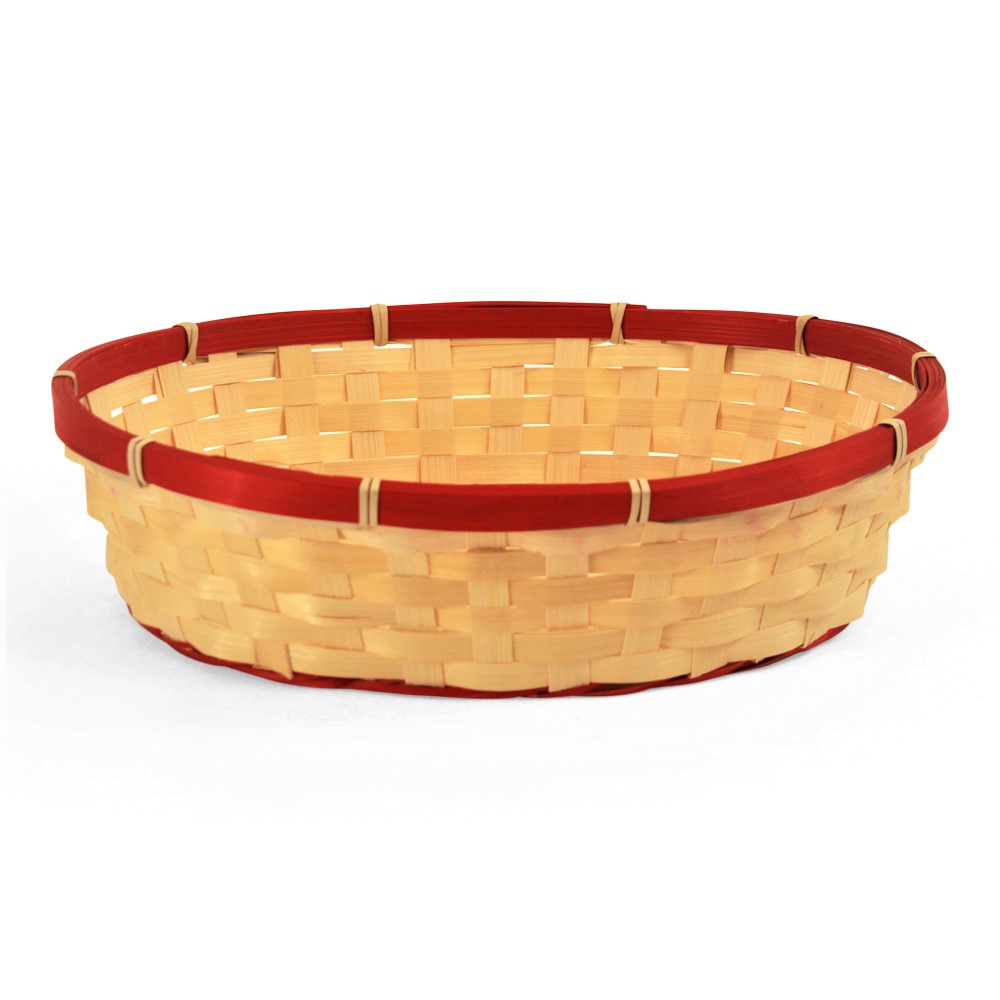 Panier ovale en bambou naturel avec bordure rouge - 12½" x 9½" x 3"