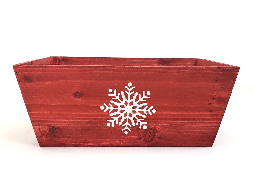 Contenant rectangulaire en bois patiné rouge avec flocon de neige argenté 13" x 9" x 5"