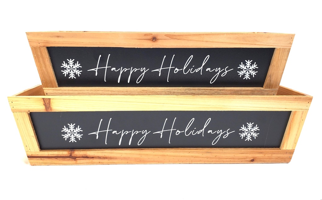 Rectangular Natural Wood Containers with Handles - Happy Holidays