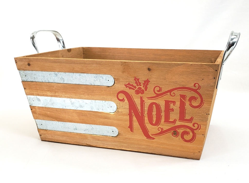 Contenant rectangulaire en bois naturel avec accents et poignées en métal - "NOEL"  13" x 9" x 6"