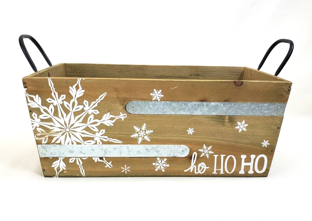 Rectangular Natural Wood Container with Metal Accents & Handles - "Ho HO HO"  14" x 9" x 5½"