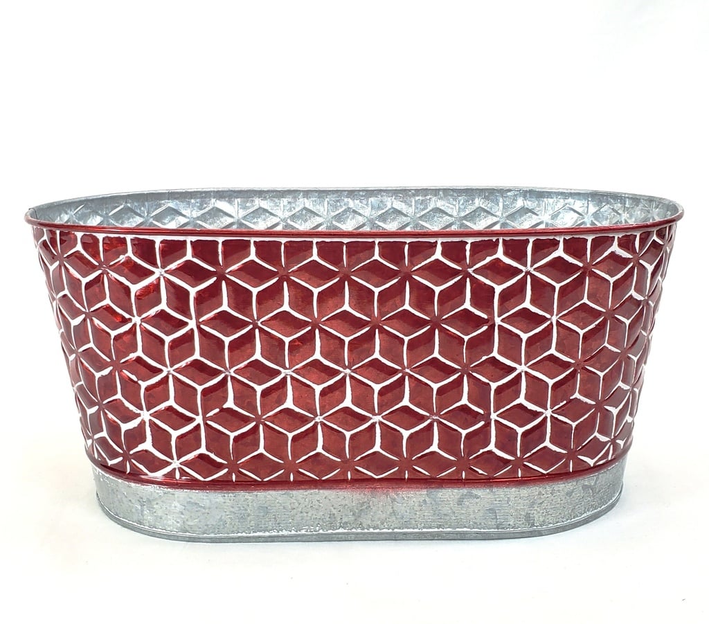 Contenant ovale en métal galvanisé avec motif géométrique rouge 13" x 8" x 6"