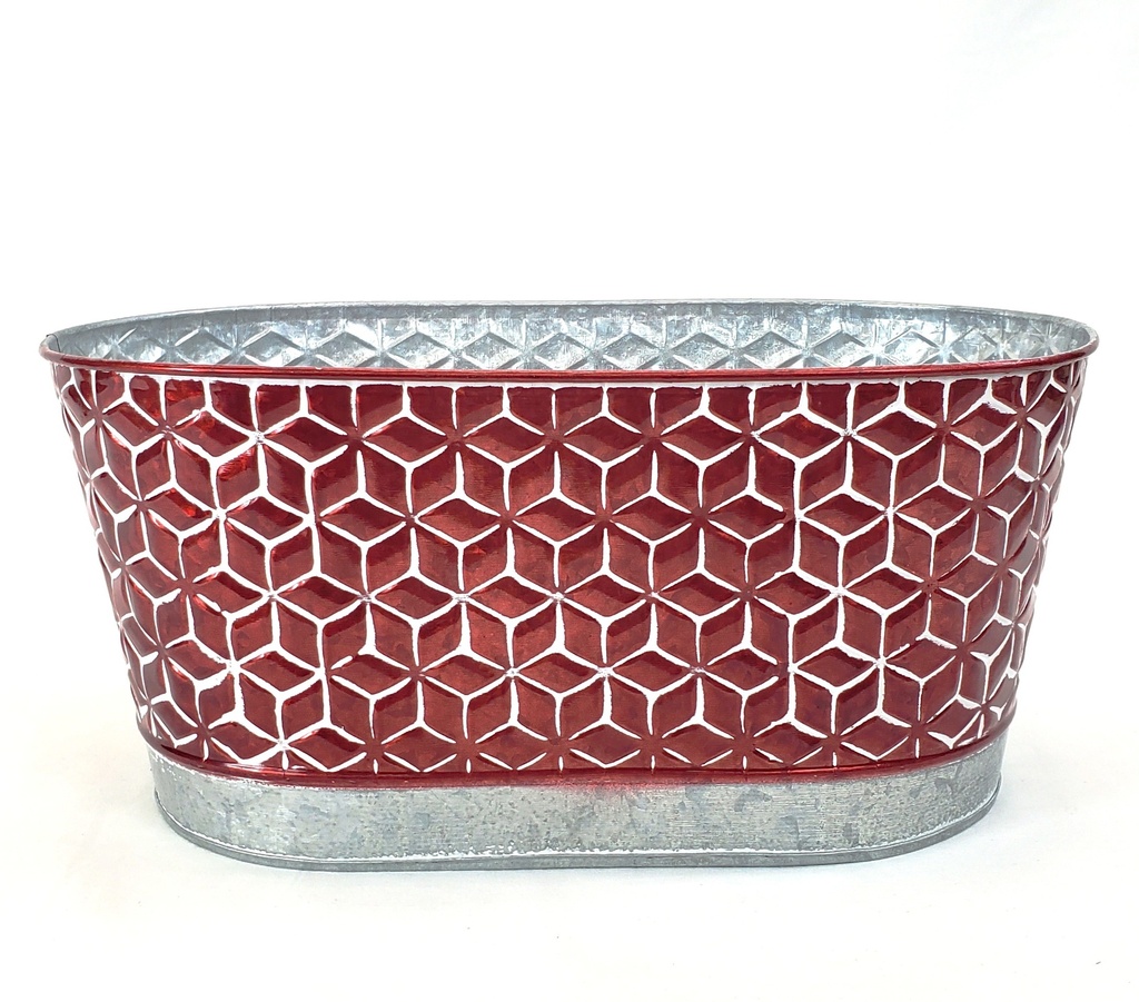 Oval Galvanized Metal Container with Red Geometric Design 13" x 8" x 6"