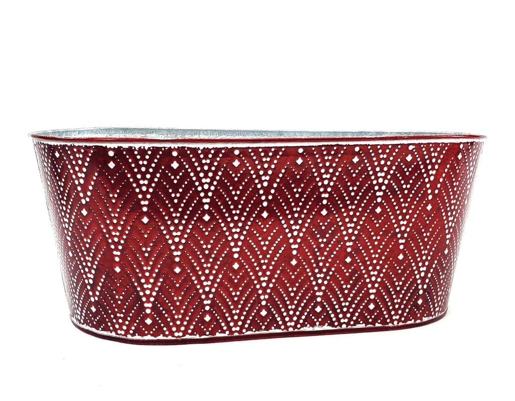 Oval Galvanized Metal Container with Red Art Deco Design  15" x 8" x 6"