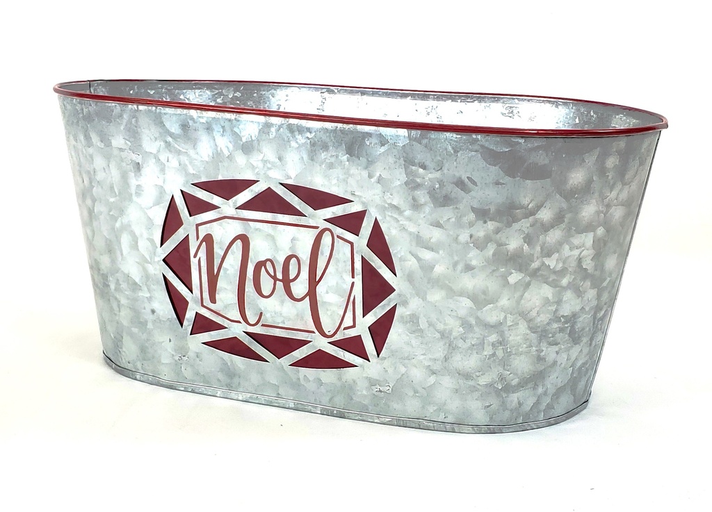 Oval Galvanized Metal Container with Red Trim "Noel"  13" x 8" x 6" 