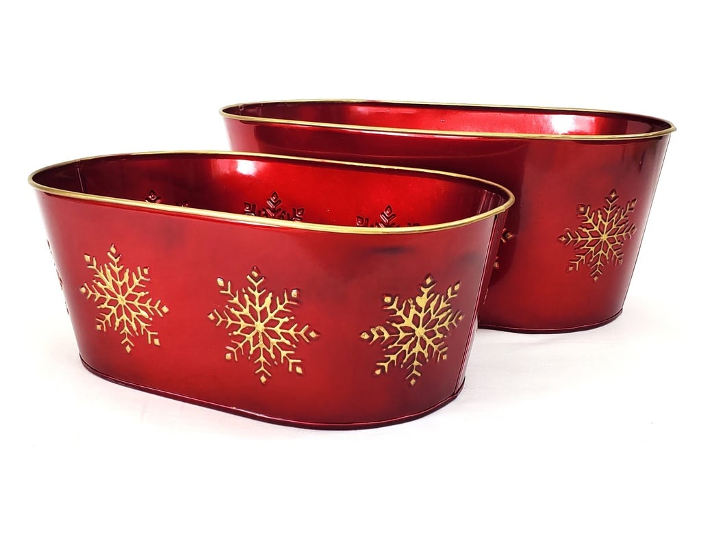 Oval Red Metal Containers with Gold Snowflakes and Trim