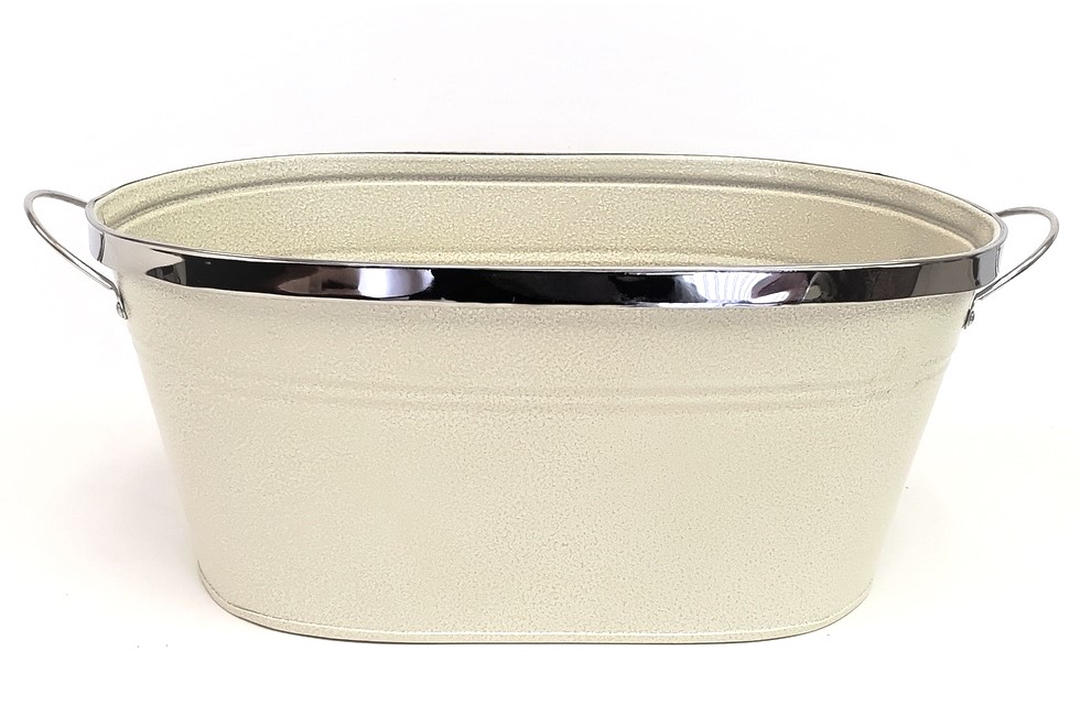 Oval White Metal Container with Silver Trim & Handles - 10½" x 5¾" x 4¾"