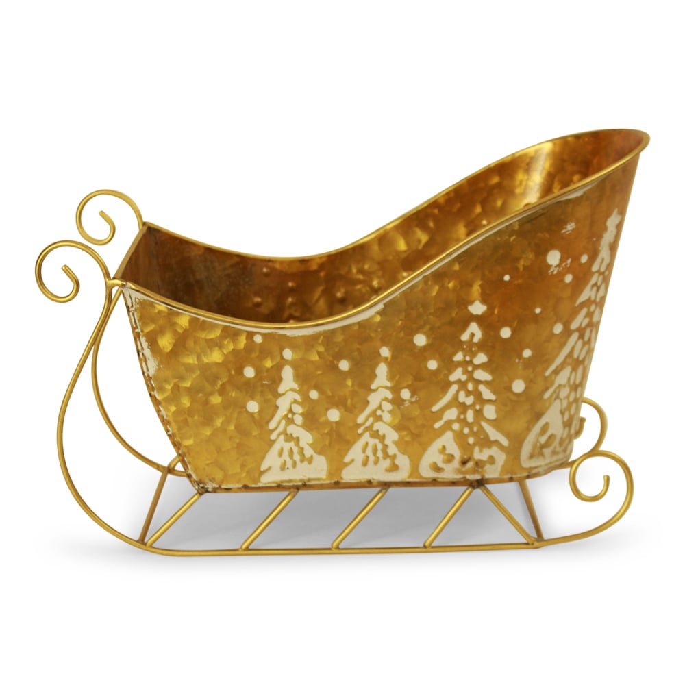 Gold Metal Sleighs with White Christmas Trees  