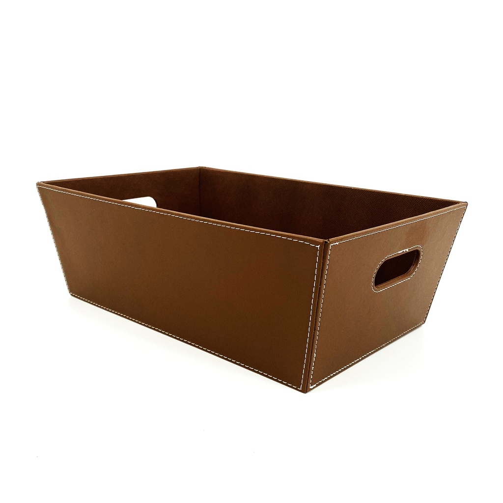 Rectangular Brown Faux Leather Container with Handles - 15" x 9½" x 5"