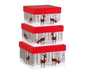 Set/3 Square Boxes - Reindeer Wonderland S: 5 7/8" x 5 7/8" x 3 ¾"  M: 6 5/8" x 6 5/8" x 4"  L: 7 3/8" x 7 3/8 " x 4½"
