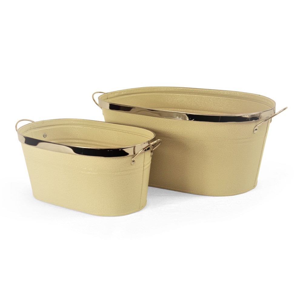 Oval Off-White Metal Containers with Silver Trim & Handles 