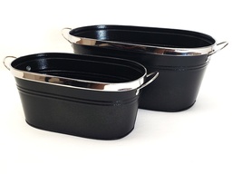 Oval Charcoal Metal Containers with Silver Trim and Handles 