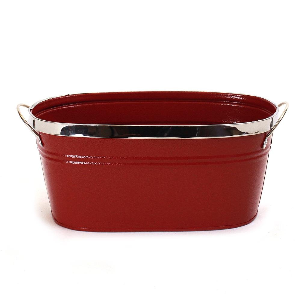 Oval Red Metal Containers with Silver Trim & Handles 