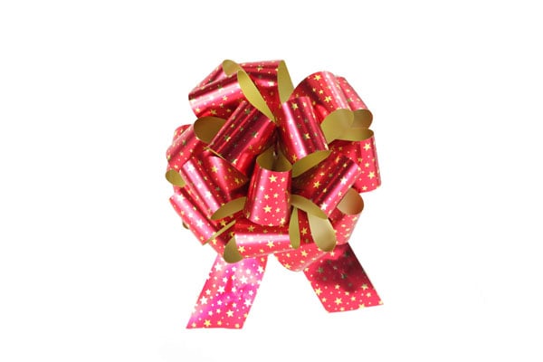 [818RedGoldStar] 8" Metallic Pull Bows - Red with Gold Stars (pack of 50)