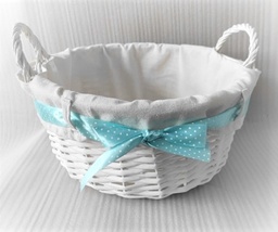 [CK400BL] Round White Split Willow Basket with Handles, White Liner & Blue Ribbon - 13" x 5½"