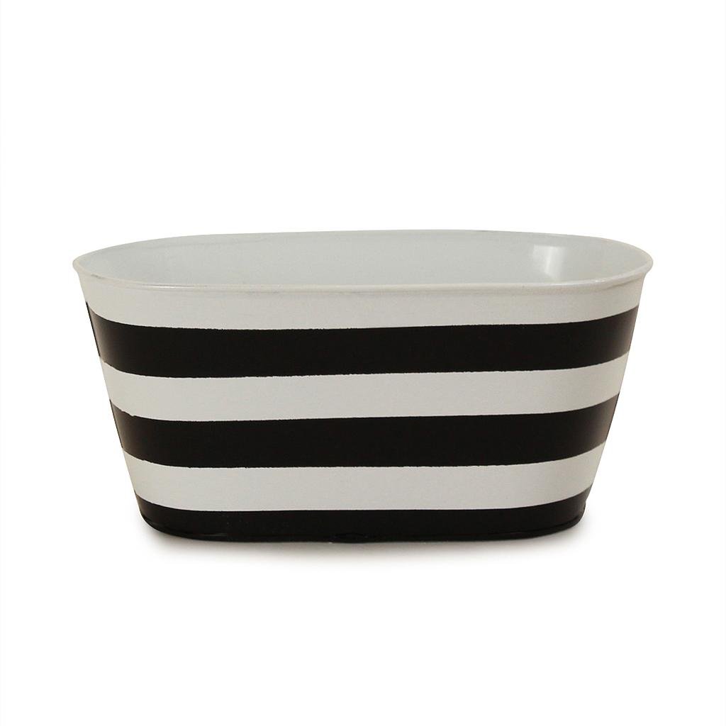 [FZ260] Oval Black & White Striped Metal Container   9¾" x 5" x 4¾"