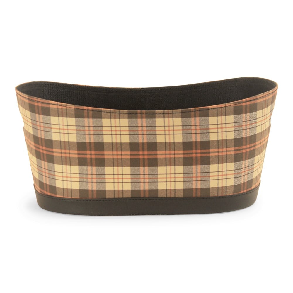 [CH500] Oval Brown Plaid Fabric & Faux Leather Container with Handles - 15" x 8" x 7"