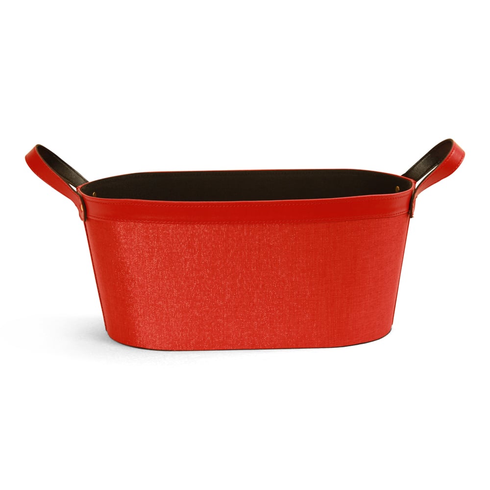 [CH900] Oval Red Fabric Container with Faux Leather Trim & Handles - 15" x 8" x 7"