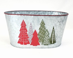 [FZ015] Oval Galvanized Metal Container with Red Trim "Christmas Forest" 12" x 7½" x 6" 