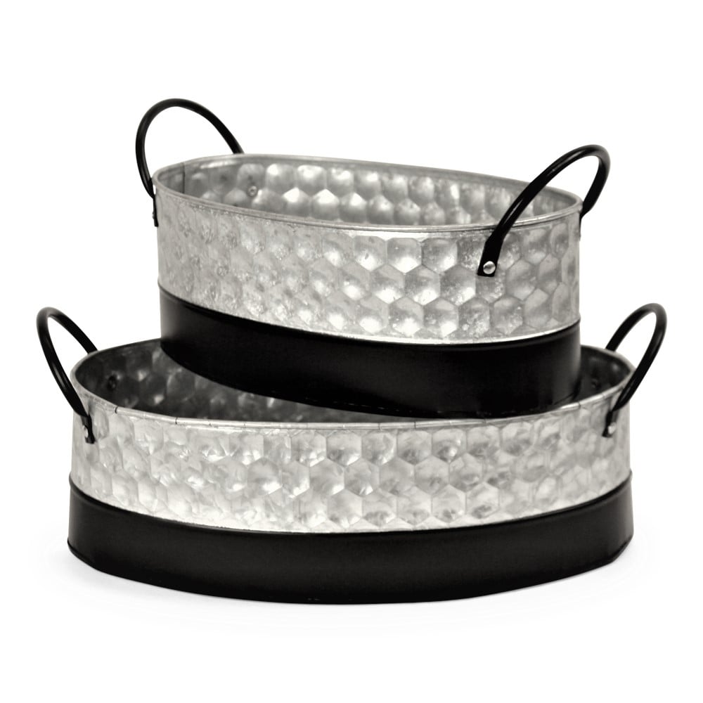 Oval Galvanized Metal Containers with Black Trim and Handles