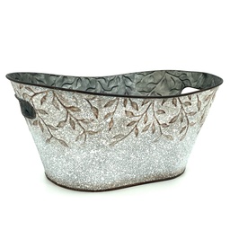 [FZ095] Oval Galvanized Metal Container with Vine Design & Handles  13" x 8" x 6"