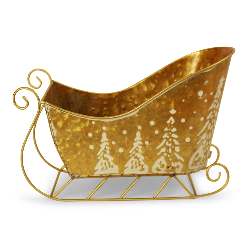 [FZ130GD] Gold Metal Sleigh with White Christmas Trees  12¾'' x 6½'' x 8½" 