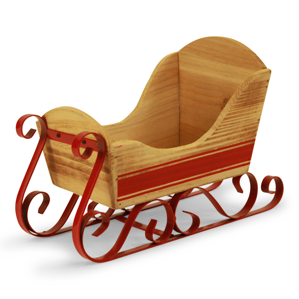 [FZ140] Natural Wood & Metal Sleigh with Red Accents 11¼" x 5¾" x 7½"